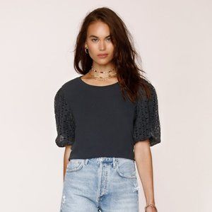 Heartloom Black Tee with Eyelet Embroidered Sleeves NWT